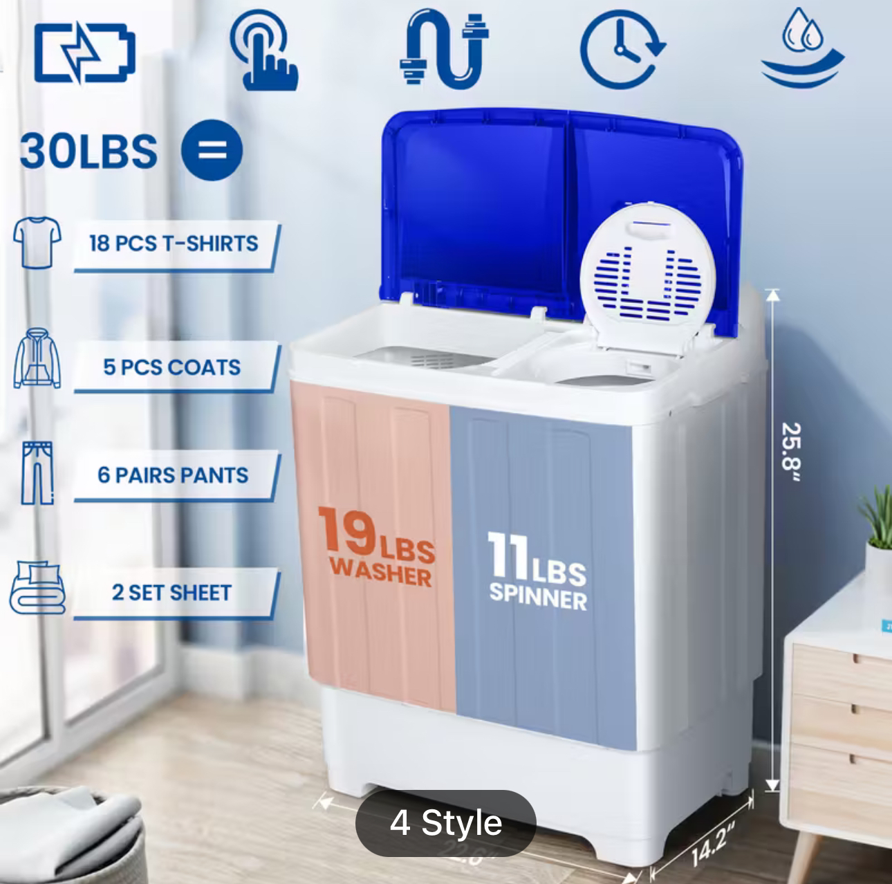 Portable Washing Machine, 16lbs Compact Washer(9.6lbs) and Dryer(6.4lbs) Combo with Drain Pump, Twin Tub Mini Laundry Portable Washer for Apartments, Dorm, Rv, Camping, Gray