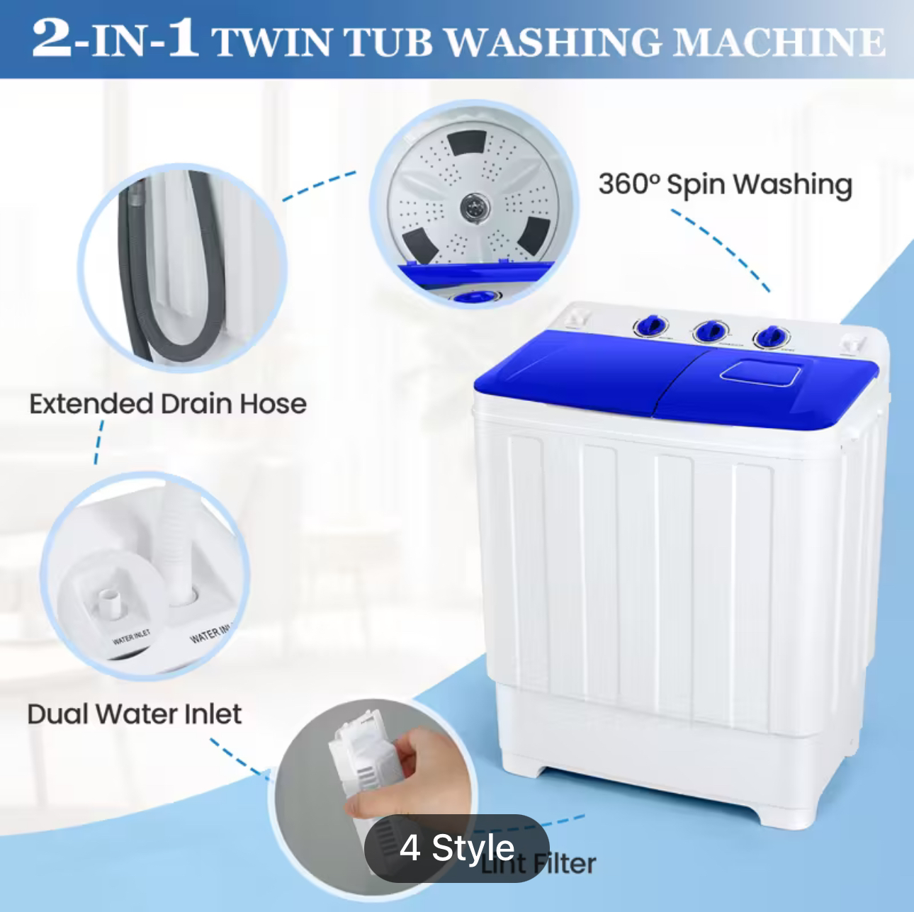 Portable Washing Machine, 16lbs Compact Washer(9.6lbs) and Dryer(6.4lbs) Combo with Drain Pump, Twin Tub Mini Laundry Portable Washer for Apartments, Dorm, Rv, Camping, Gray - Image 5