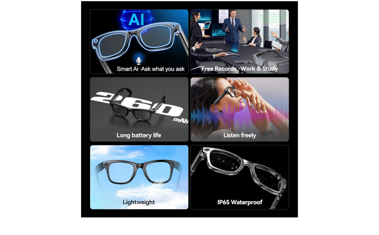 AI Smart Glasses with HD Camera and Bluetooth - AI Photo Recognition and Interactive Dialogue, Noise-canceling Bluetooth 5.4, and Long Battery Life | Stylish Black Frame and Lenses - Image 3