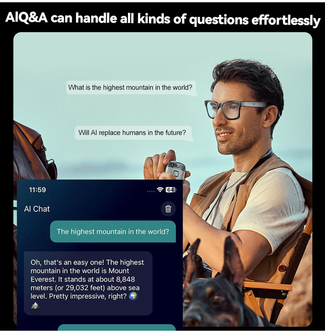 AI Smart Glasses with HD Camera and Bluetooth - AI Photo Recognition and Interactive Dialogue, Noise-canceling Bluetooth 5.4, and Long Battery Life | Stylish Black Frame and Lenses - Image 9