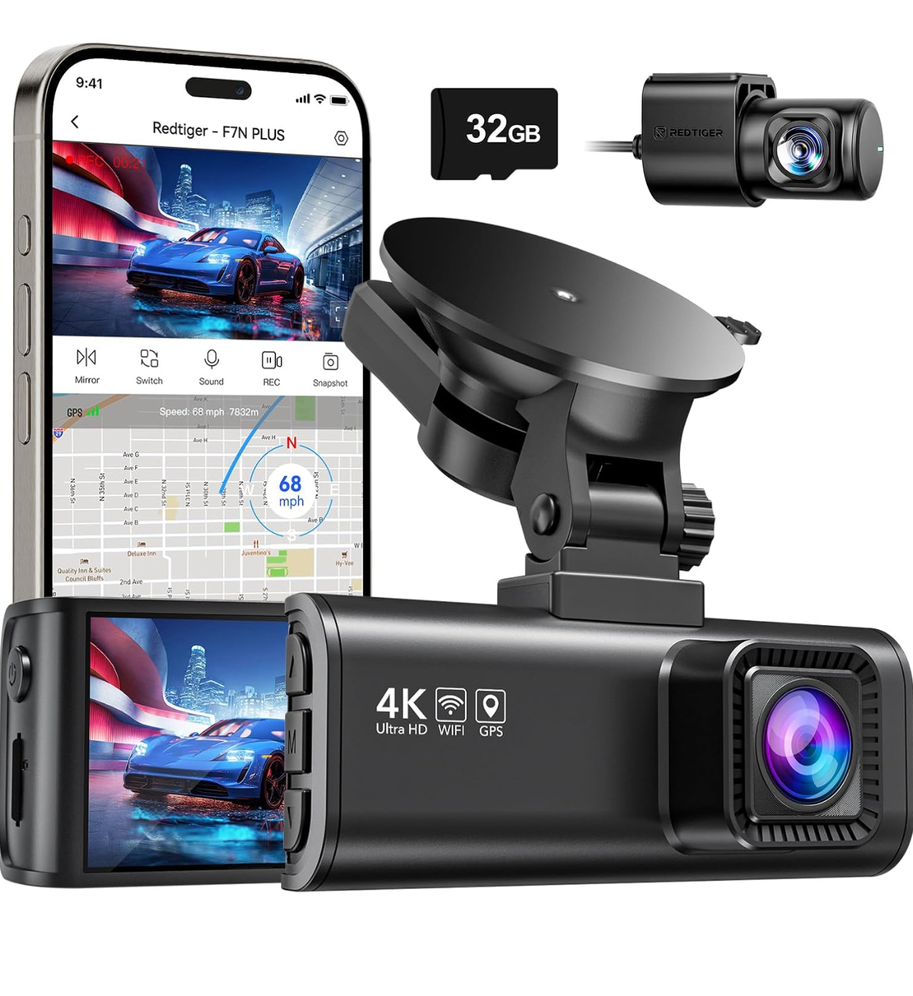Dash Cam Front Rear, 4K/2.5K Full HD Dash Camera for Cars, Included 32GB Card, Built-in Wi-Fi GPS, 3.16” IPS Screen, Night Vision, 170°Wide Angle, WDR, 24H Parking Mode(F7NP)