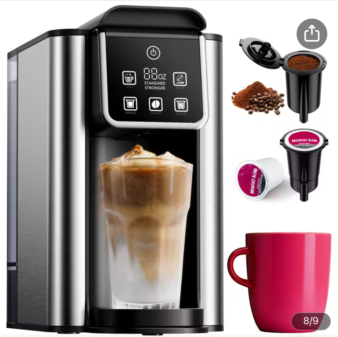 Hot & Iced Coffee Maker with Bold Setting, Single Serve Coffee Maker for K Cup and Grounds, 6-14 Oz Brew Sizes, 50 Oz Removable Water Tank, One Cup Coffee Machine with Reusable Filter, Black
