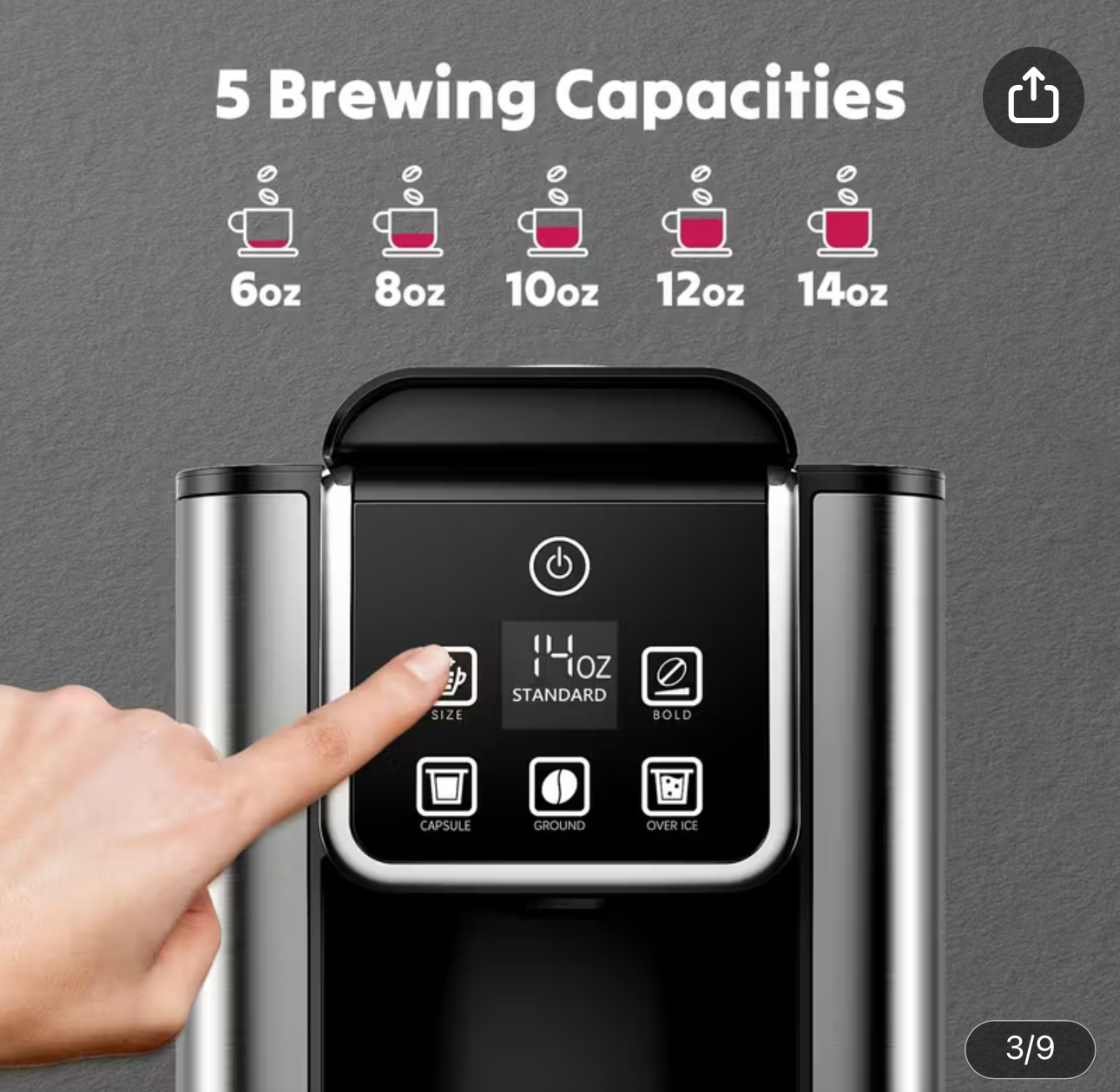 Hot & Iced Coffee Maker with Bold Setting, Single Serve Coffee Maker for K Cup and Grounds, 6-14 Oz Brew Sizes, 50 Oz Removable Water Tank, One Cup Coffee Machine with Reusable Filter, Black - Image 3